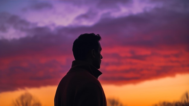 Un uomo si trova davanti a un tramonto con il cielo sullo sfondo.