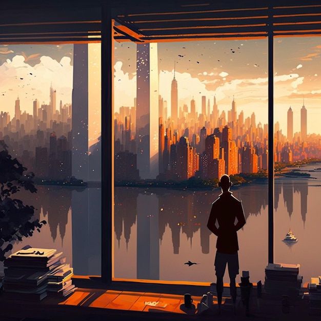 Un uomo si trova davanti a una finestra e guarda un paesaggio urbano.