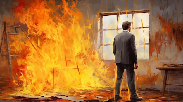Un uomo si trova davanti a una finestra in fiamme su cui è scritto "fuoco".