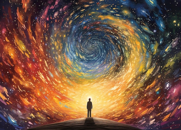 Un uomo si trova davanti a una spirale con le parole "l'universo" sul fondo.