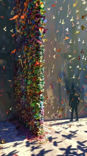 Un uomo si trova davanti a una struttura imponente adornata da farfalle che svolazzano creando uno spettacolo capriccioso e surreale