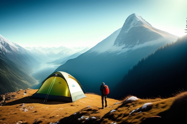 Un uomo si trova davanti a una tenda davanti a una montagna.