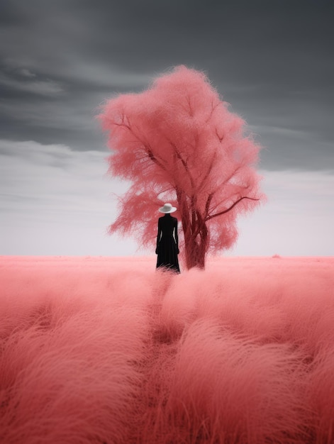 un uomo si trova di fronte a un albero rosa in mezzo a un campo