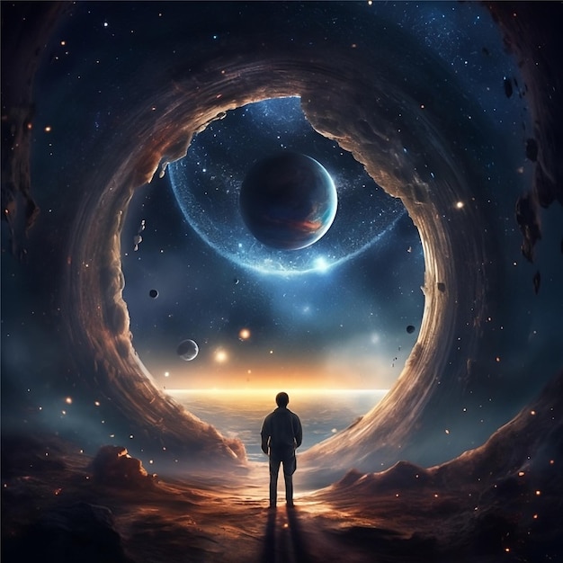Un uomo si trova di fronte a un anello di pianeti alieni.