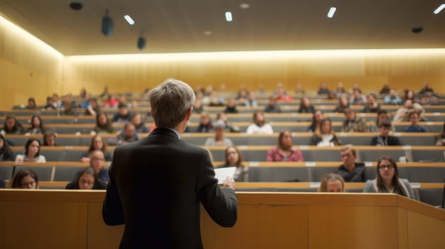 Un uomo si trova di fronte a un'aula magna, con una grande folla di persone sullo sfondo.