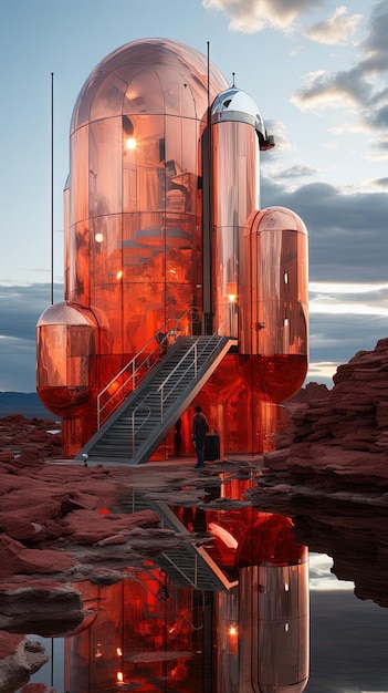 Un uomo si trova di fronte a un edificio a forma di cubo rosso e arancione.