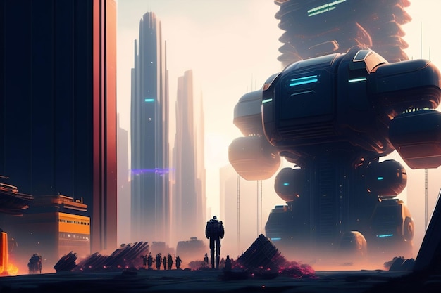 Un uomo si trova di fronte a un gigantesco edificio con un gigantesco robot sullo sfondo.