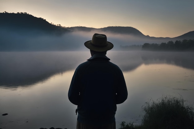 Un uomo si trova di fronte a un lago con uno sfondo nebbioso.