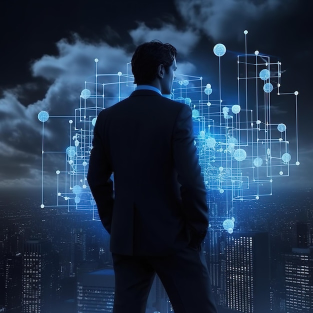 Un uomo si trova di fronte a un paesaggio urbano con uno sfondo blu che dice "cloud computing"