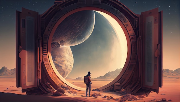 Un uomo si trova di fronte a un pianeta con un buco al centro che dice "spazio".