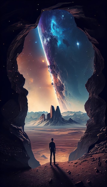 Un uomo si trova di fronte a un pianeta con una galassia sullo sfondo