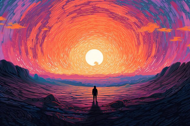 Un uomo si trova di fronte a un tramonto con un grande cerchio arancione e giallo.
