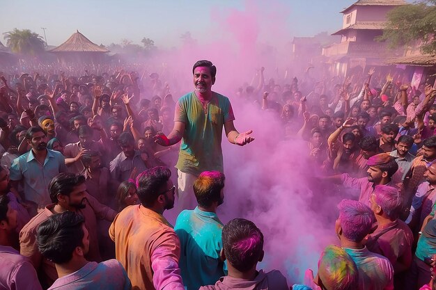 Un uomo si trova di fronte a una folla di persone con una polvere di holi in aria