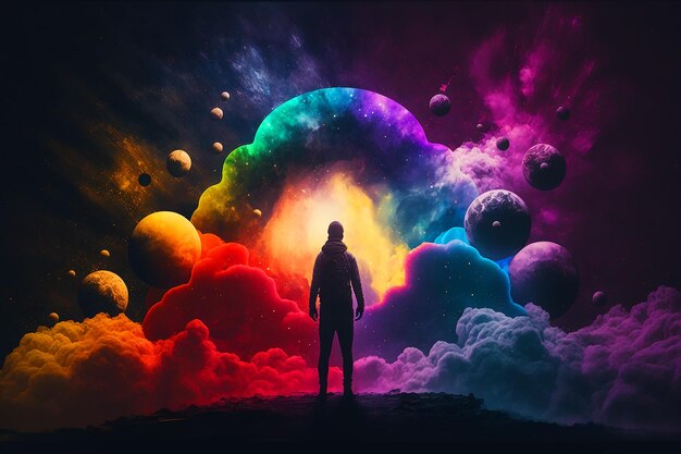Un uomo si trova di fronte a una galassia colorata e l'universo è circondato da pianeti.