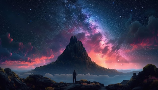 un uomo si trova di fronte a una montagna con un cielo pieno di stelle sopra di lui