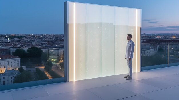 Un uomo si trova di fronte a una parete di vetro che offre una vista sullo skyline della città.