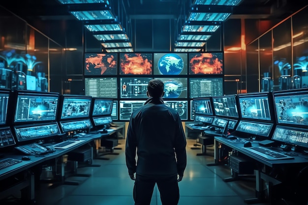 Un uomo si trova di fronte a una sala computer con molti monitor e le parole spazioporto sullo schermo.