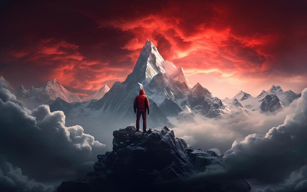 un uomo si trova in cima a una montagna innevata e guarda il cielo nello stile di paesaggi 3D surreali