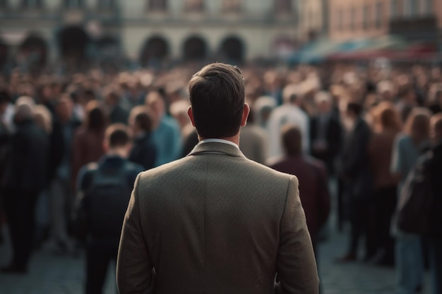 Un uomo si trova in mezzo alla folla con la parola sul retro