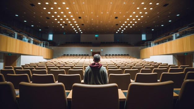 Un uomo si trova in un auditorium guardando la telecamera.