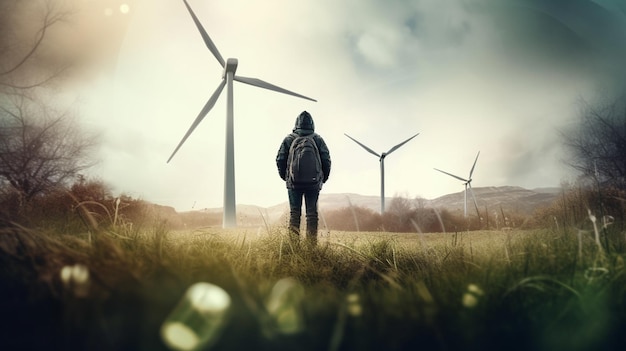 Un uomo si trova in un campo con una turbina eolica sullo sfondo.