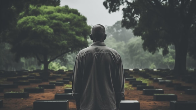 Un uomo si trova in un cimitero e lo guarda con serio pensiero