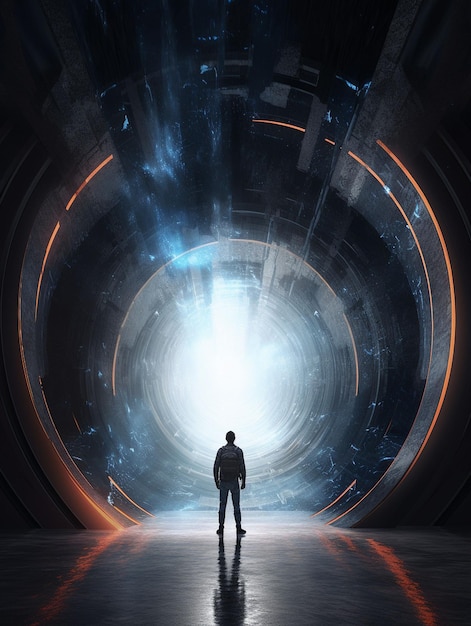 un uomo si trova in un tunnel buio con un uomo in piedi di fronte ad esso.