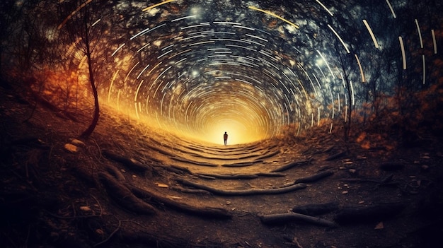 Un uomo si trova in un tunnel con la luce che lo illumina.