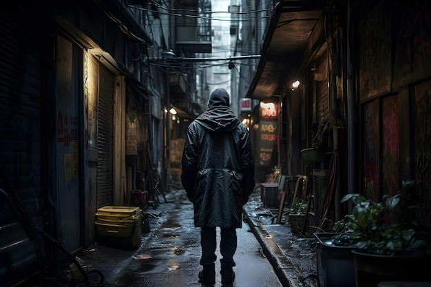 Un uomo si trova in un vicolo buio con un cartello che dice "il lato oscuro"