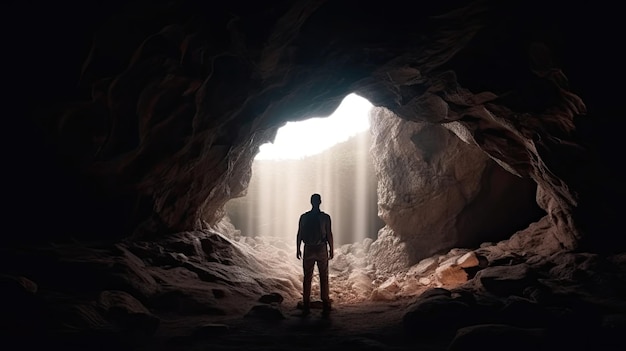 Un uomo si trova in una caverna buia con la luce che lo illumina.