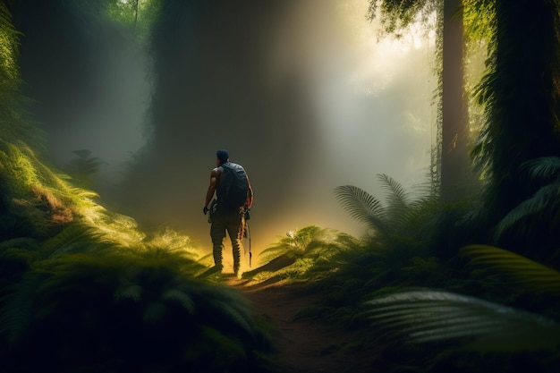 Un uomo si trova in una foresta con il sole che splende attraverso gli alberi.