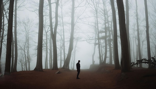 Un uomo si trova in una foresta con la nebbia e le parole "il lato oscuro"