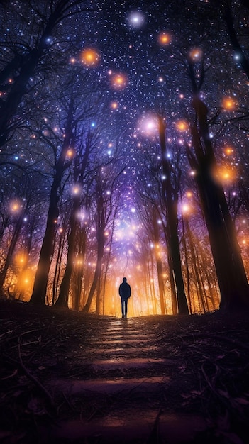 Un uomo si trova in una foresta con le luci nel cielo.