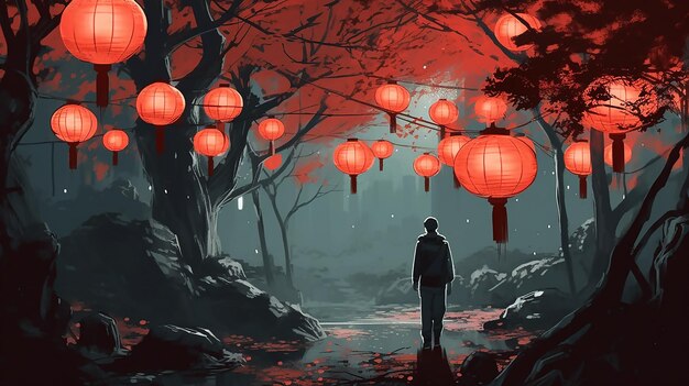 Un uomo si trova in una foresta sotto una lanterna rossa che dice "la parola lanterna"