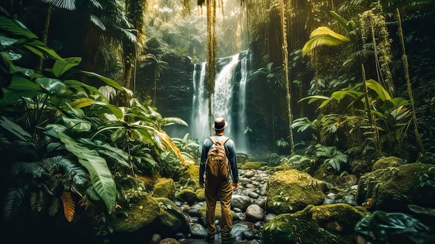 Un uomo si trova in una giungla con uno zaino e guarda una cascata.