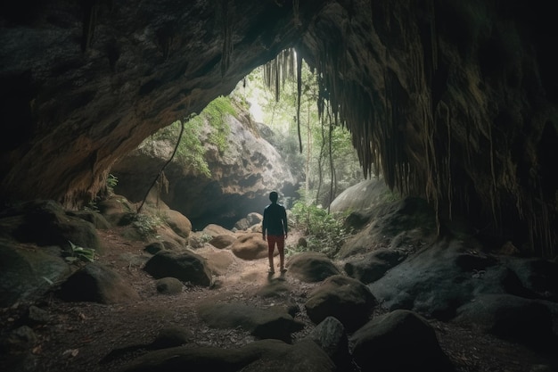 Un uomo si trova in una grotta con la luce che brilla attraverso di essa IA generativa