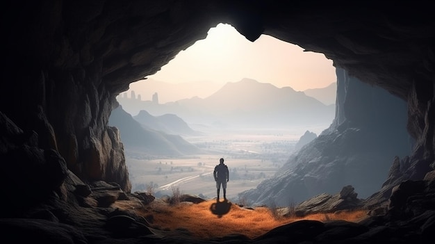 Un uomo si trova in una grotta con le montagne sullo sfondogenerative ai