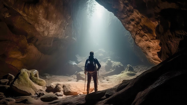 Un uomo si trova in una grotta con una luce in cima