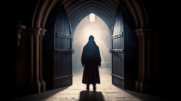 Un uomo si trova in una stanza buia con una grande porta che dice "il cavaliere oscuro".