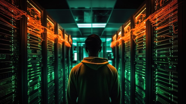 Un uomo si trova in una stanza buia con una luce verde sul muro che dice "il centro dati"