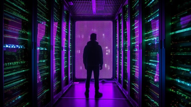 Un uomo si trova in una stanza buia con una luce viola che dice "il centro dati"