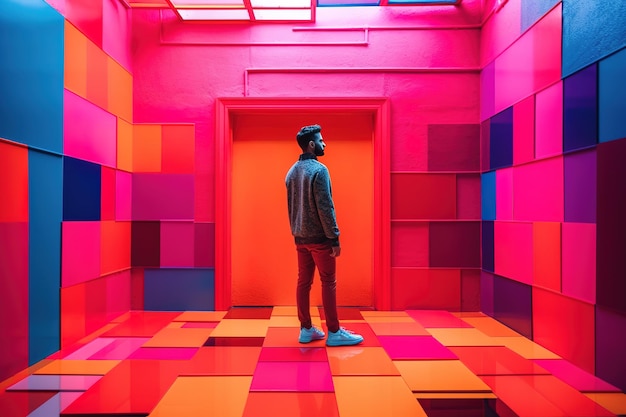 Un uomo si trova in una stanza con quadrati colorati alle pareti.