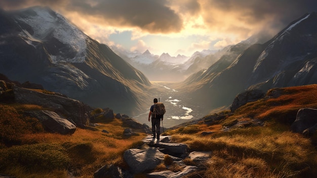Un uomo si trova in una valle di montagna con vista sulle montagne sullo sfondo.