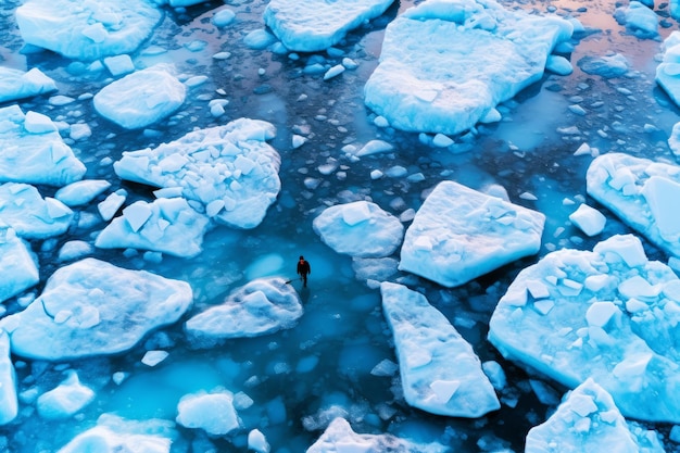 Un uomo si trova negli iceberg dell'Islanda.