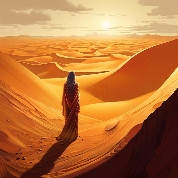 Un uomo si trova nel deserto con dune di sabbia sullo sfondo