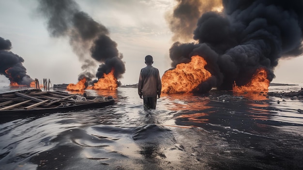 Un uomo si trova nell'acqua davanti a un fuoco con le parole fuoco sul fondo.