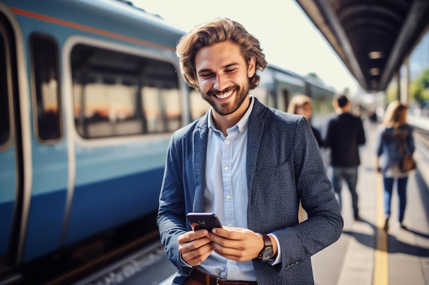 Un uomo si trova su un binario con un treno sullo sfondo.