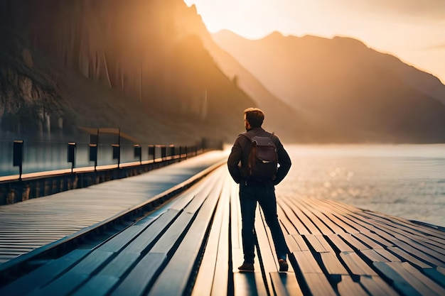 Un uomo si trova su un molo guardando le montagne al tramonto.