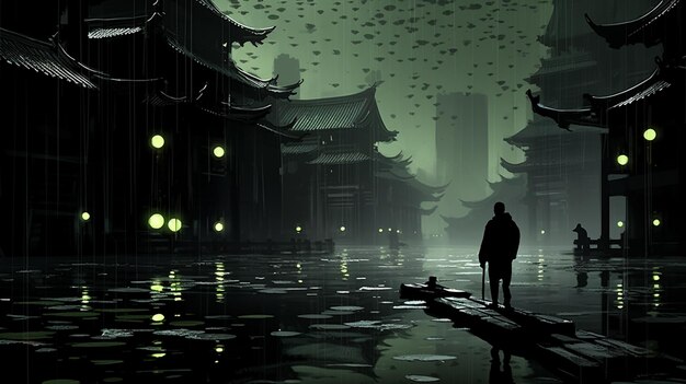 Un uomo si trova su un molo in una città buia.