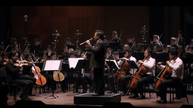 Un uomo si trova su un palco con un violoncello sullo sfondo.